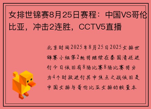 女排世锦赛8月25日赛程：中国VS哥伦比亚，冲击2连胜，CCTV5直播